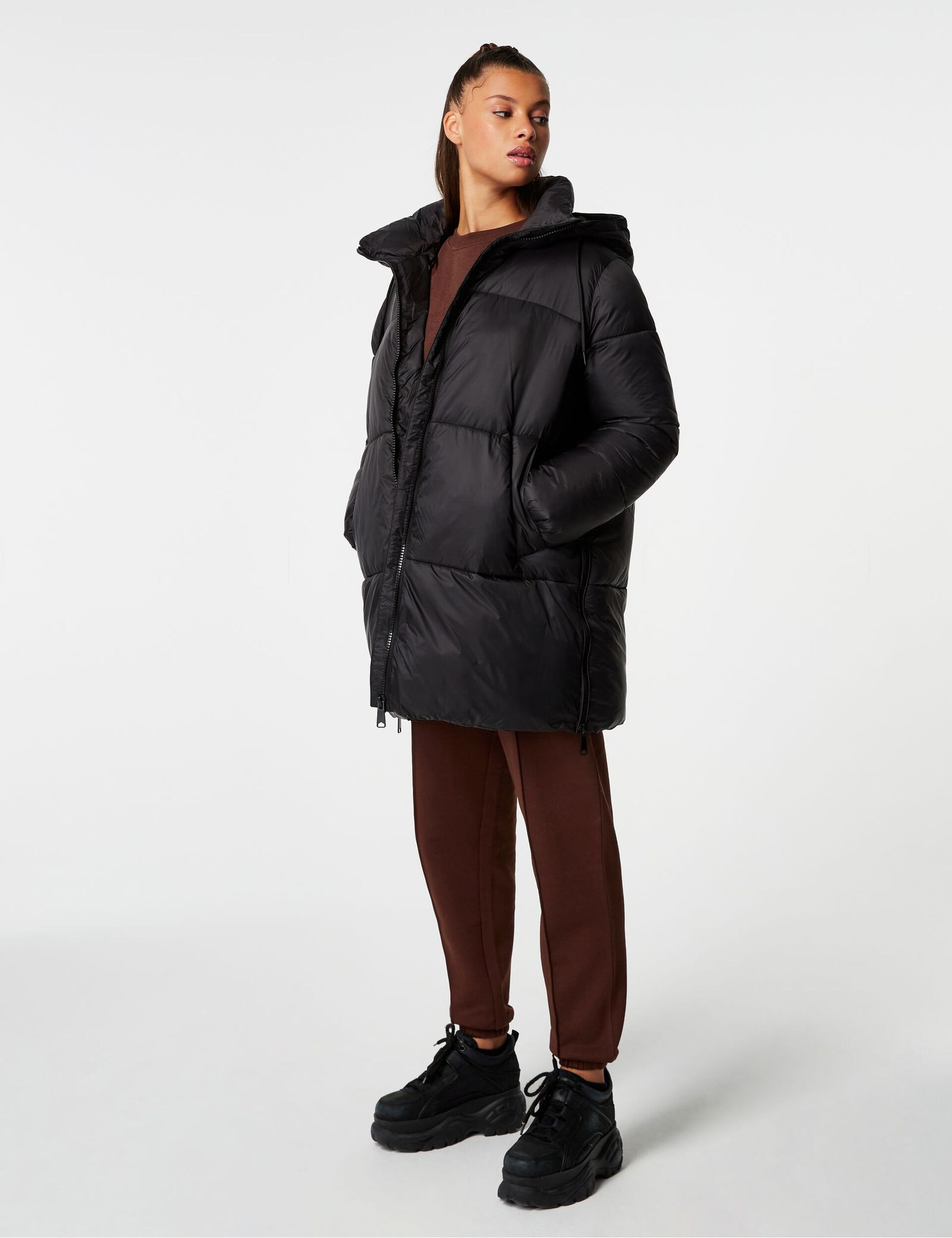 Mid-length padded coat with hood