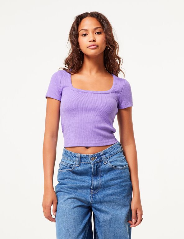Tee-shirt violet col carré matière gaufrée