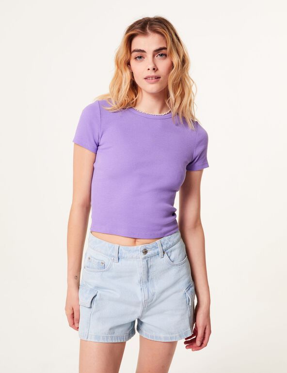 Tee-shirt basic violet côtelée ado