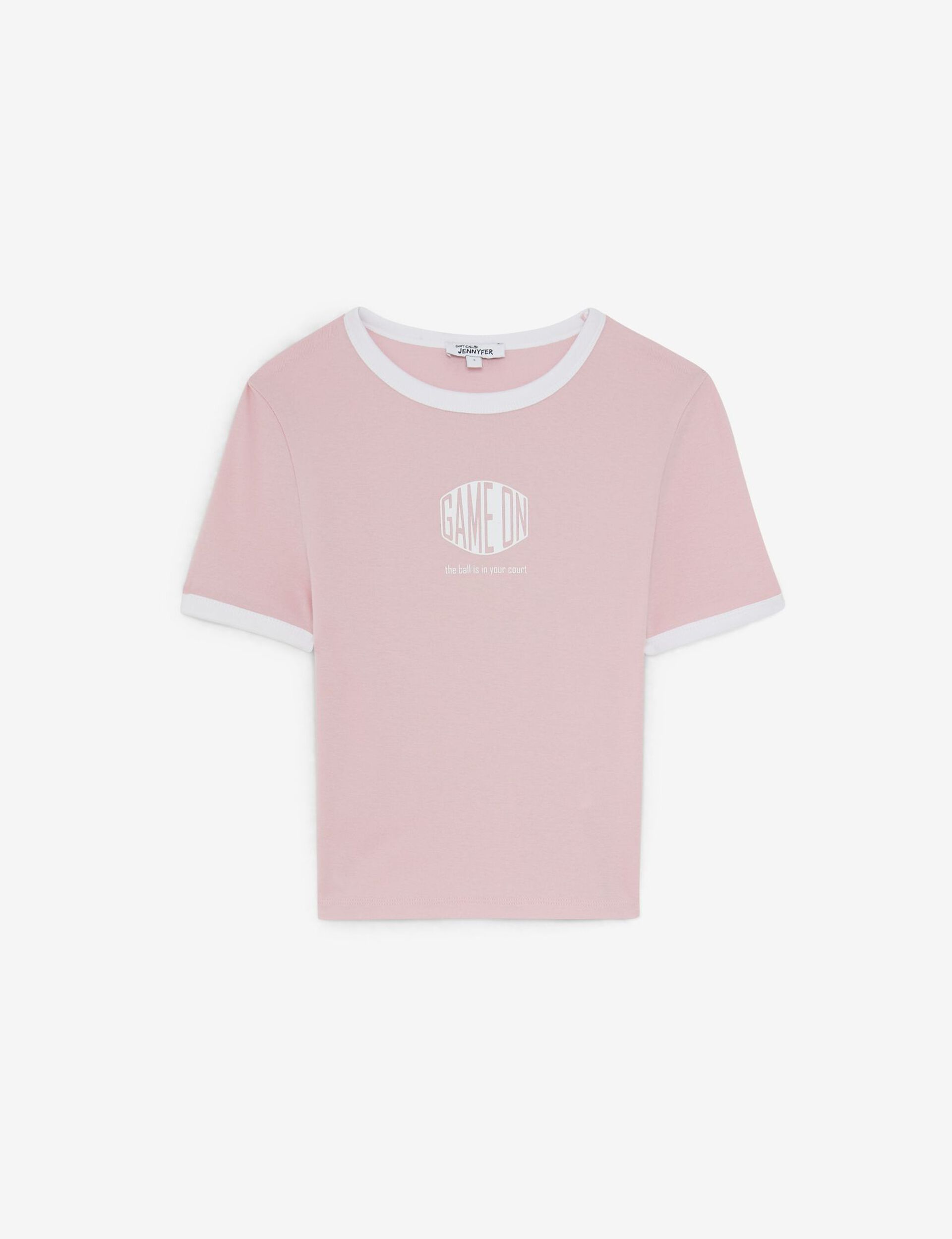 Tee-shirt court à message rose finitions blanches