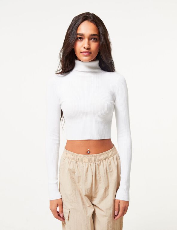 Pull col roulé en maille blanc teen