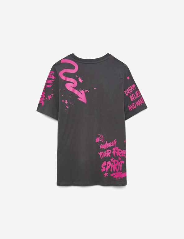 T-shirt gris foncé à motif graffiti rose fille