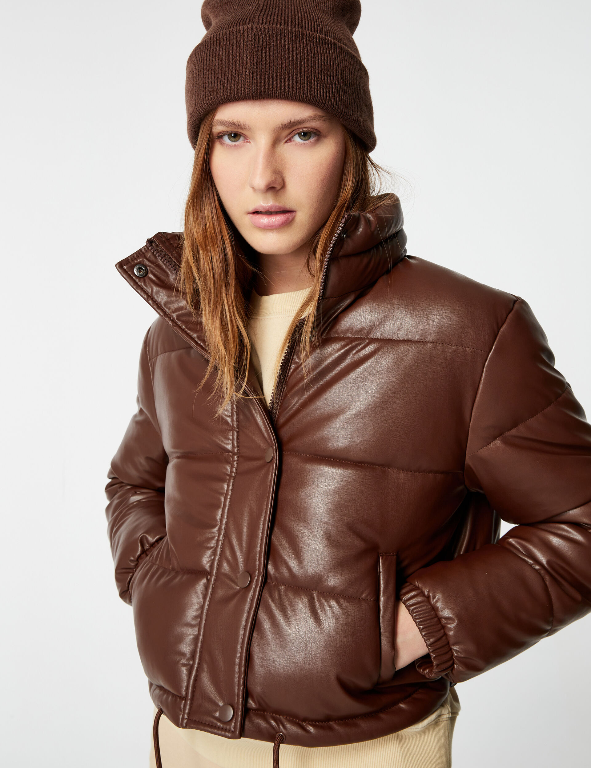 High-necked faux leather padded coat