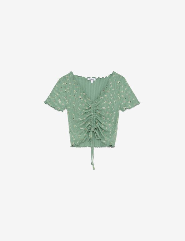 Tee-shirt fleuri avec fronces vert