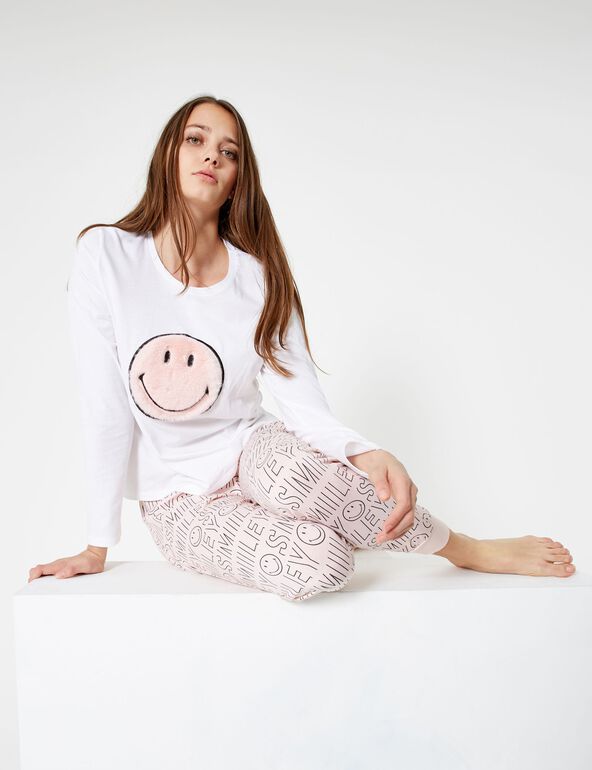 White and light pink smiley face pyjama set teen