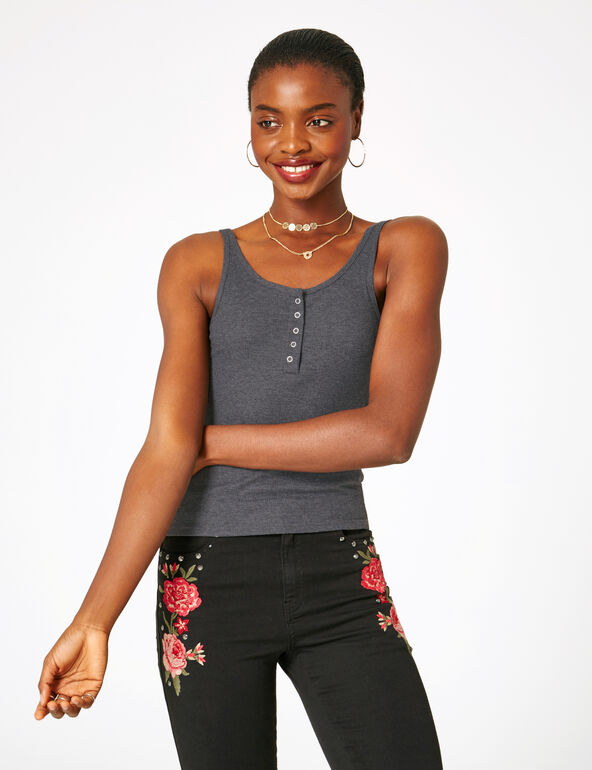Charcoal grey marl tank top with button detail teen