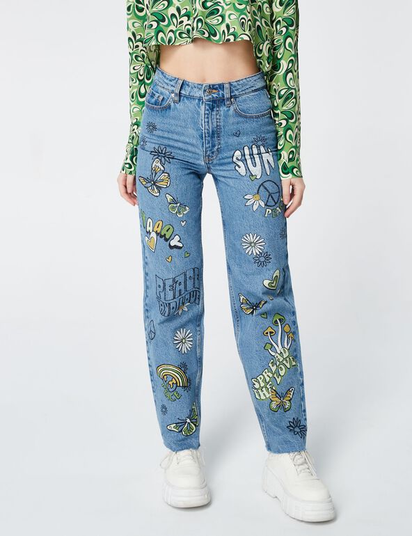 Patterned straight-leg jeans