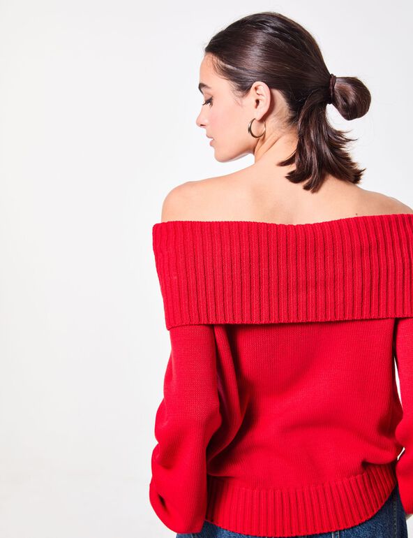 pull maille rouge vif col bardot ado