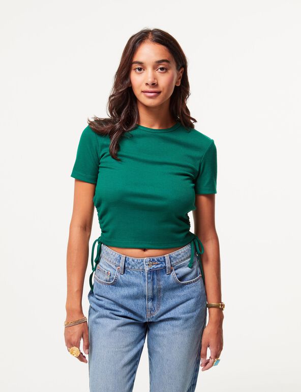 T-shirt vert côtelé avec liens à nouer teen