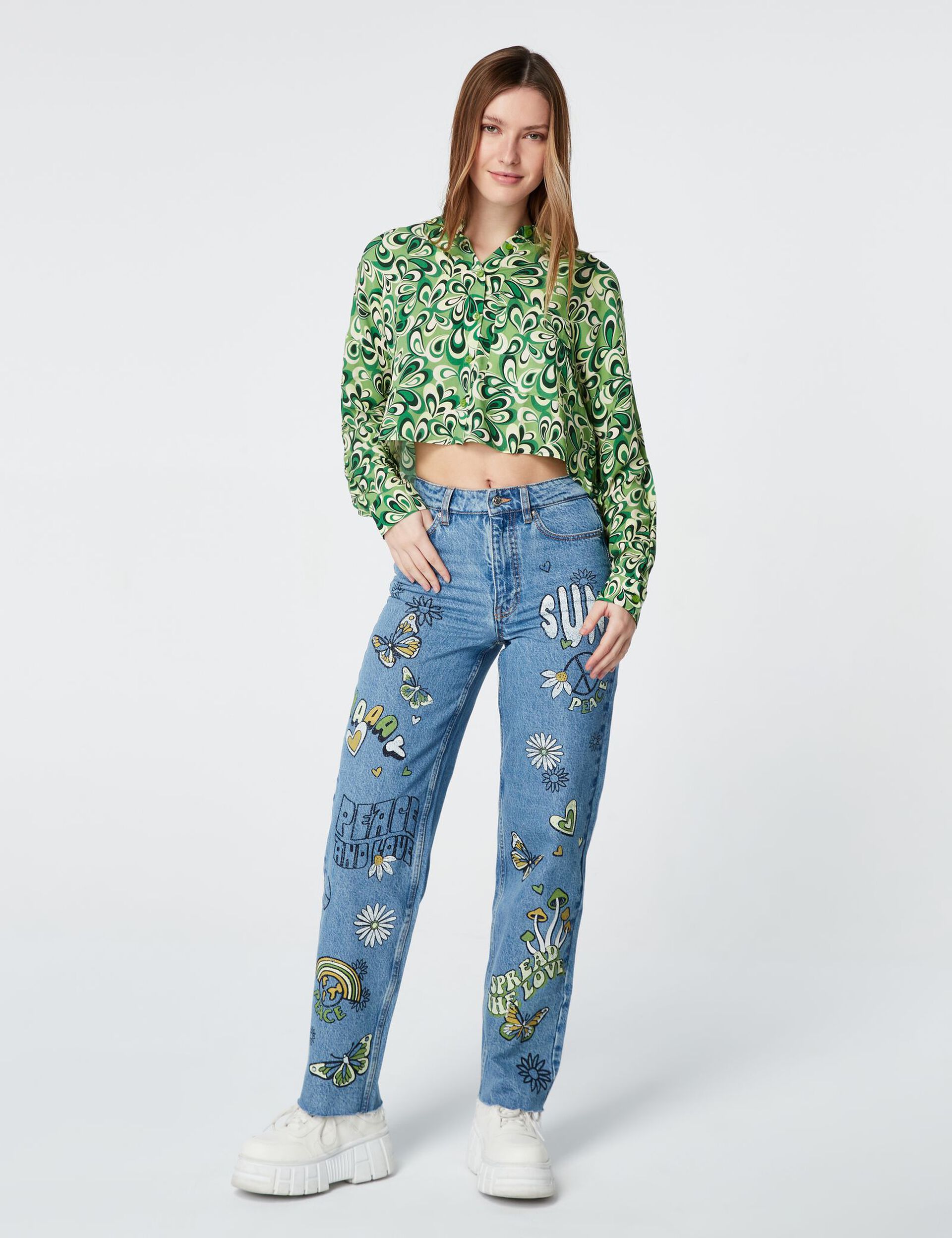 Patterned straight-leg jeans