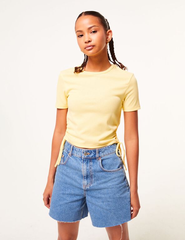 Tee-shirt jaune côtelé avec liens à nouer ado