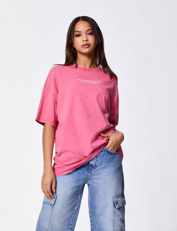 T-shirt oversize délavé à message rose fille