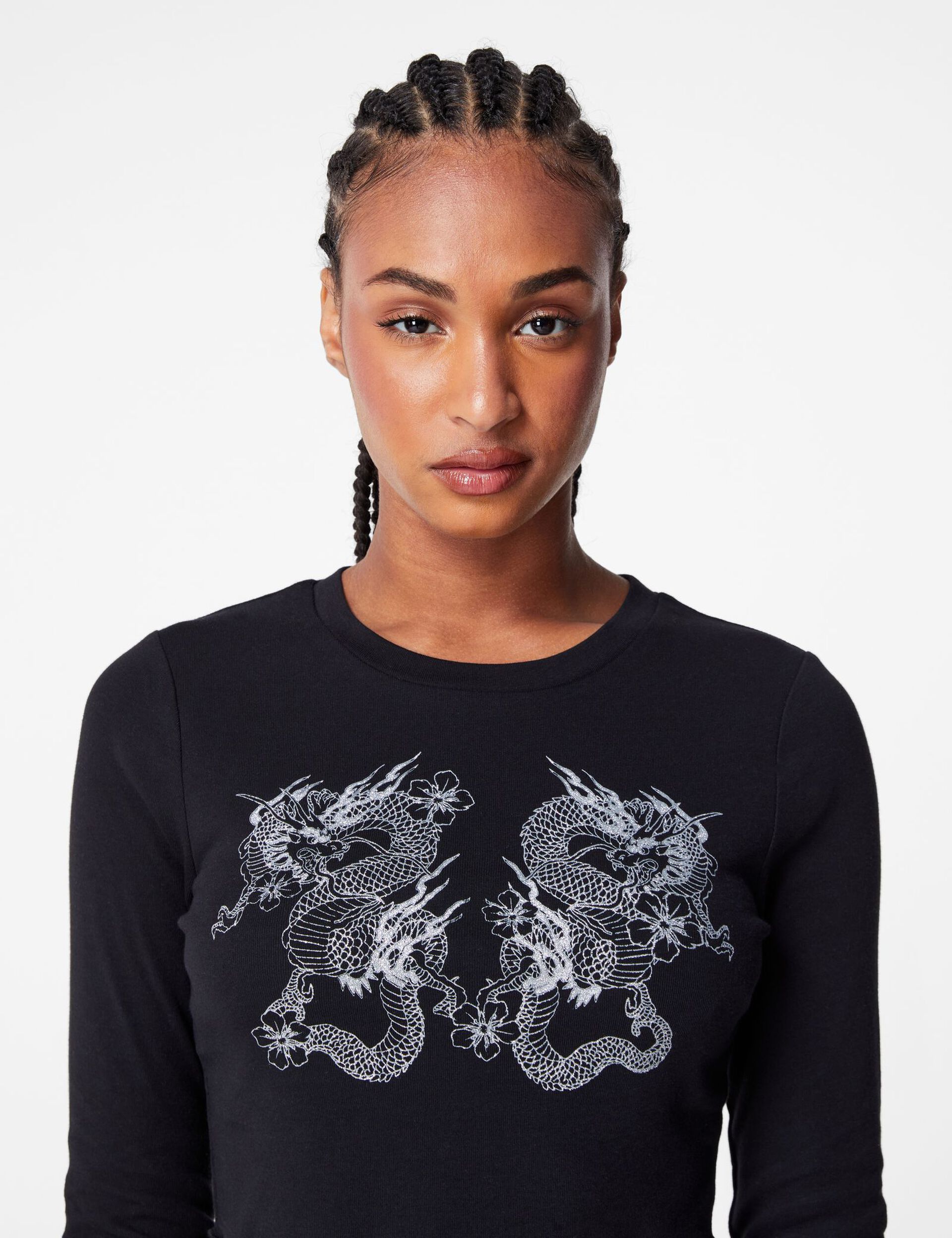 Tee-shirt noir avec dragon pailleté argenté 
