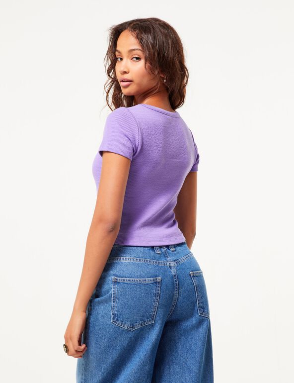 Tee-shirt violet col carré matière gaufrée fille