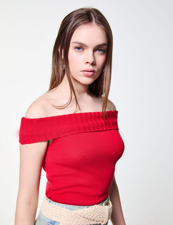 Pull court col bardot rouge teen