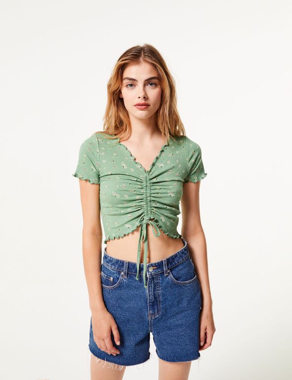 Tee-shirt fleuri vert avec fronces teen