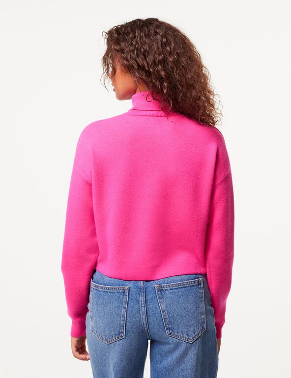Pull col roulé rose fuchsia court fille
