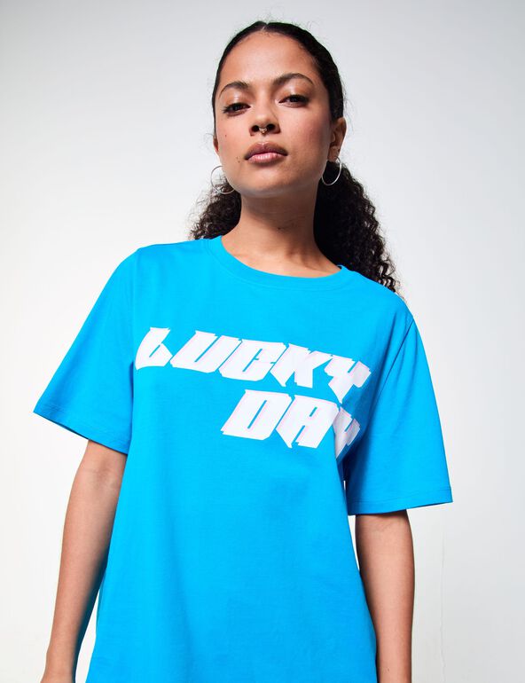 T-shirt oversize bleu océan imprimé : lucky day teen
