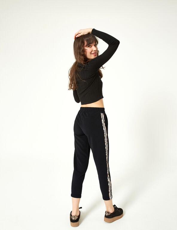 Black and leopard print joggers with side trim detail girl